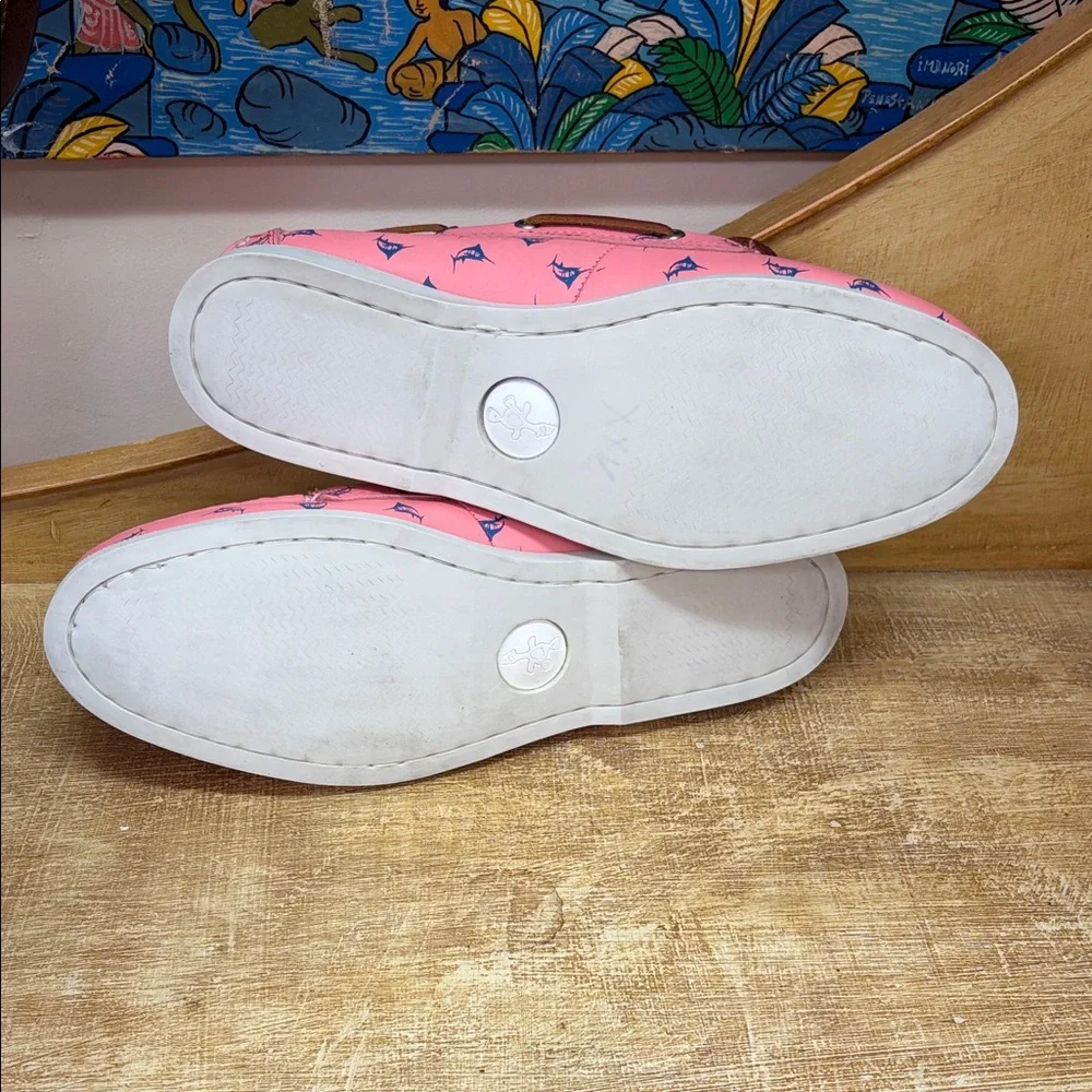 Froats Vibrant Pink Boat Shoes with Blue Fish Pattern